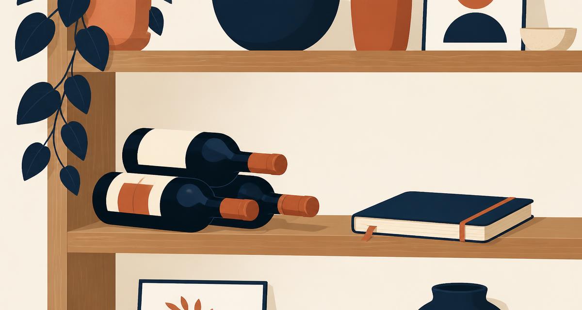 Ilustración de un estante de casa con botellas de vino acostadas y una libreta de registro